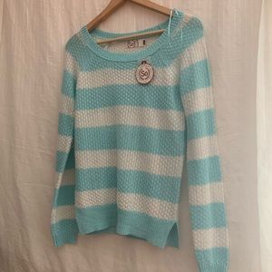 Cozy Light Blue&White Knit Stripe Pullover Sweater